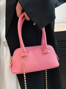 Pink minimalist shell-shaped leather handbag with golden bead chain decoration