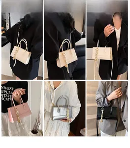 Collage schicker quadratischer Handtaschen in vier Farben als Hand- und Umhängetaschen