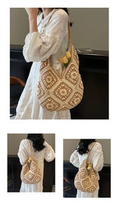 Detailed view of bohemian crochet tote bag featuring vintage sunflower knit patterns