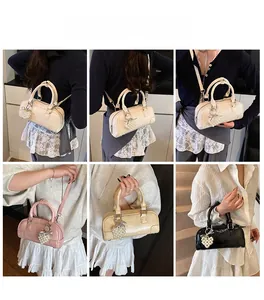 Detailed views of women's leather bowling bag with pearl heart charm in four colors
