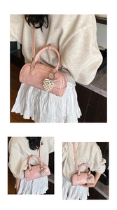 Pink patent leather bowling bag with pearl grape charm and bow detail in multi-view shots