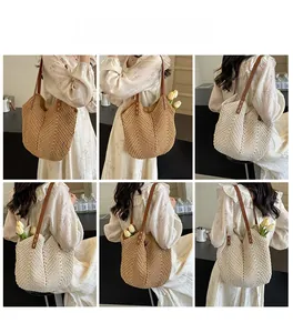 Detail shots showing oversized woven tote bag in khaki and beige for beach vacation