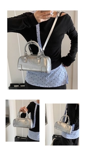 Three-way view of a silver bowling bag showing handheld and crossbody styling options