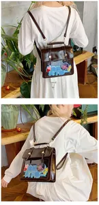 Detail view of brown ita bag featuring a clear display window with anime pins and cards