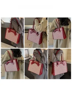 Detailed views of red tote bag with bow and heart pattern shown on a model
