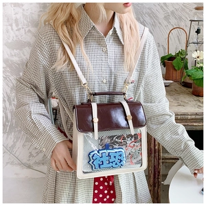 Detail of vintage bicolor backpack with transparent window and Shou Kong decorative patch