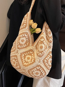 Ethnic style crochet tote bag with granny square pattern and large capacity for women