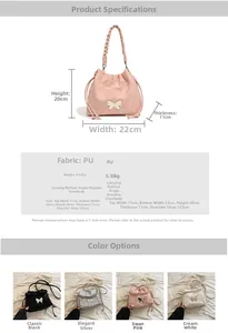 Detail view of pink PU bucket bag with bow metal decor and braided handle textures