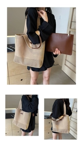 Detail view of woven tote bag with leather inner pouch and round handles
