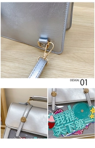 Detail view of silver metallic bag featuring gold hardware and transparent mesh window