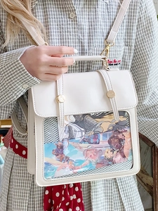 Japanese Style PU Leather Ita Bag Transparent Window Display Shoulder Bag For Women Retro Messenger Bag Anime Merch Crossbody Bag