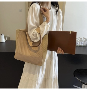 Detail of beige knit tote bag and brown leather pouch set for daily casual look