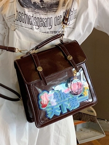 Minimalist dark brown PU ita bag with transparent window and adjustable straps for women