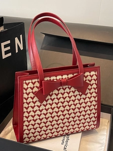 Women Large Capacity PU Leather Yarn Heart Pattern Tote Bag With Large Bow Retro Exquisite Red Shoulder Bag For Wedding Daily