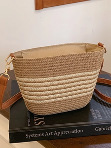 Borsa a Secchiello a Tracolla in Paglia Intrecciata da Donna Moda a Righe Estate Spiaggia Vacanza Casual Borsa a Spalla