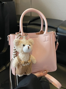 Women Urban Simple Oil Wax PU Leather Bucket Bag Versatile Handheld Shoulder Crossbody Bag With Removable Bear Pendant