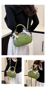Green Boston bag with lace bows shown from multiple angles in a lifestyle setting