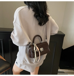 Detail of a dark brown glossy leather mini bag with silver lock and woven handle charm