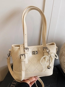 Women Quilted PU Leather Shoulder Bag Elegant Artificial Pearl Bow Underarm Bucket Bag Chic Commute Crossbody Tote Handbag For Lady