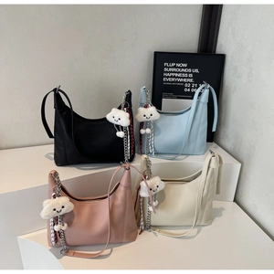 Litchi texture Hobo bags in four colors with plush cloud charms and silver chains