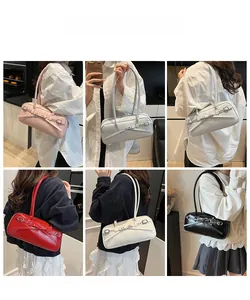 Collage of French vintage glossy bowling bags with bows in pink, silver, red and white
