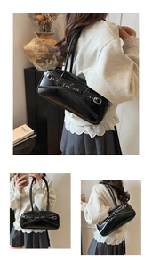 Three-angle views showing the black leather bowling bag details and on-model styling