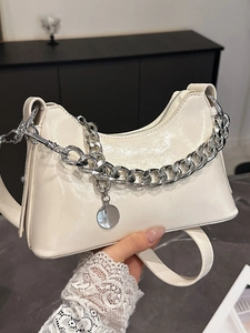 Women Trendy Glossy Oil Wax PU Leather Underarm Bag Vintage Shoulder Crossbody Bag With Silver Metal Chain Decoration Handbag