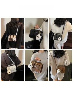 Detailed views of vintage satchel bags in various colors with plush monster charm decor