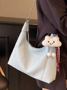 Light blue lychee pattern leather hobo tote bag with metal chain and cloud charm