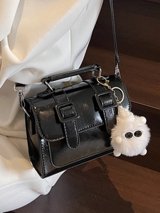British style black vintage oil wax leather satchel with handle and plush monster charm