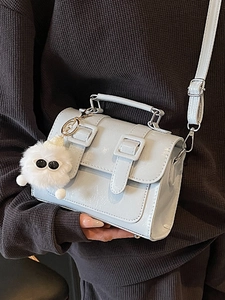 British style light blue vintage satchel with glossy faux leather and plush charm
