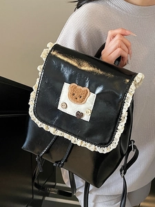 Mini black patent leather backpack with lace trim and bear embroidery for women