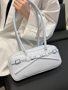 French vintage style light blue glossy bowling bag with bow and rivet details