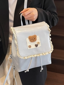 Light blue PU leather backpack with lace trim and plush bear decoration for women