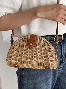 Summer woven semi-circle crossbody straw bag with leather flap and bronze metal buckle
