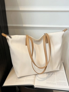 Fashion Large Capacity Nylon Tote Bag For Women Minimalist Commuter Shoulder Bag With Contrast Straps Zipper Closure Lightweight Mommy Handbag