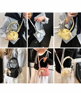 Detail shots of bowling bag in five colors featuring lace trim and ribbon decoration