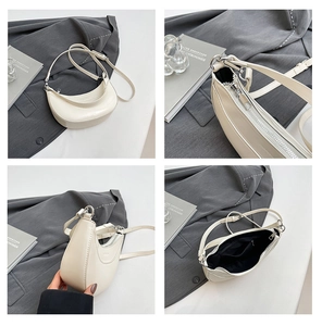 Vues détaillées du sac demi-lune beige avec finition en cuir lisse et boucles argentées