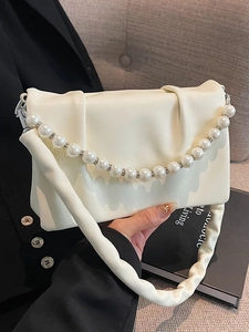Petit Sac Carré Plissé en Cuir PU Vintage Français Pour Femmes Sac à Bandoulière à Chaîne de Künstliche Perles Élégant Sac Bandoulière Simple