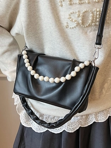 Sac à main noir plissé de style français avec chaîne en perles et bandoulière