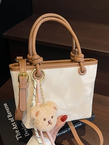 Women Fashion PU Leather Bucket Bag Contrast Color Patchwork Crossbody Bag With Bear Pendant Casual Handbag Urban Style