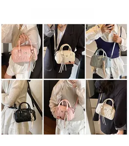 Multiple views of quilted Boston bag in pink, beige, blue and black with crossbody strap