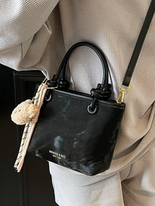 Fashionable contrast bucket bag in black marble PU leather with cute bear charm and scarf