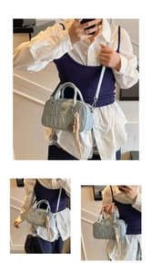 Detailed views of light blue quilted pillow bag with HIOO MOO logo and pink tassel