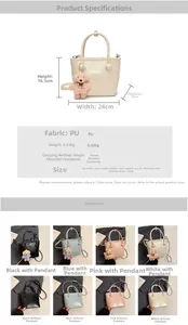 Detailed size specifications and material chart for the minimalist PU leather bucket bag