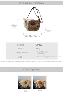 Detaillierte Größenparameter und Strohmaterial-Textur einer Strandtasche mit Schleife