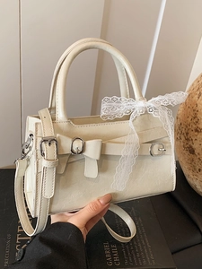 Borsa a mano retrò francese bianco crema con fiocco e nastro di pizzo stile elegante