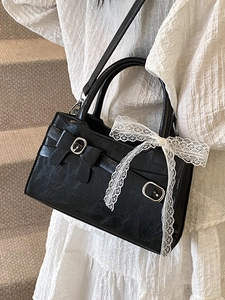 Borsa a mano vintage nera con fiocco in pizzo e tracolla regolabile per donna