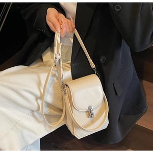 Macro view of beige leather and straw woven crossbody bag with silver twist lock