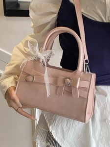 Borsa a mano vintage rosa stile francese con fiocco decorativo e manico in pizzo